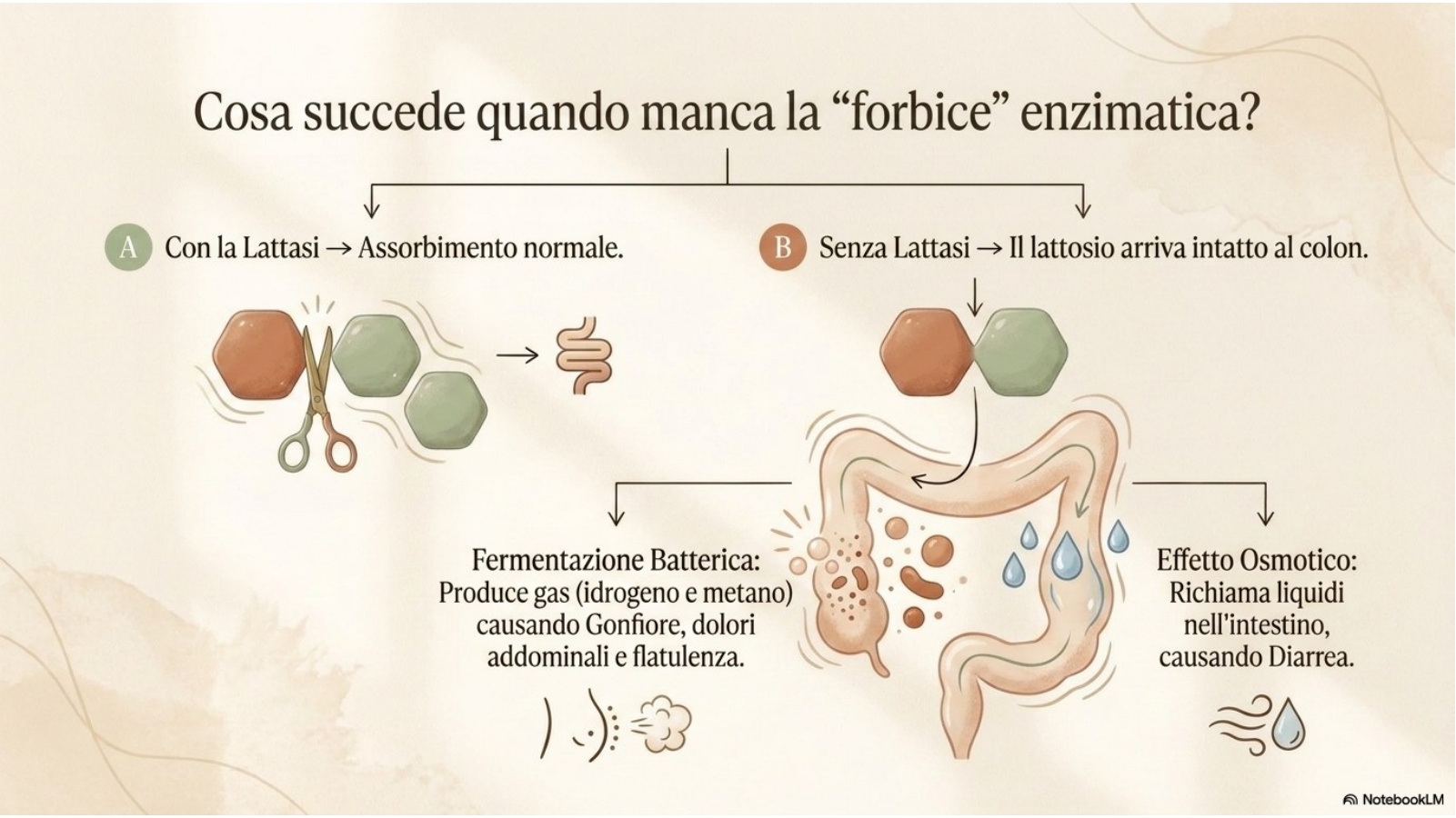 Schema divulgativo del destino del lattosio quando l'attività della lattasi è sufficiente o insufficiente