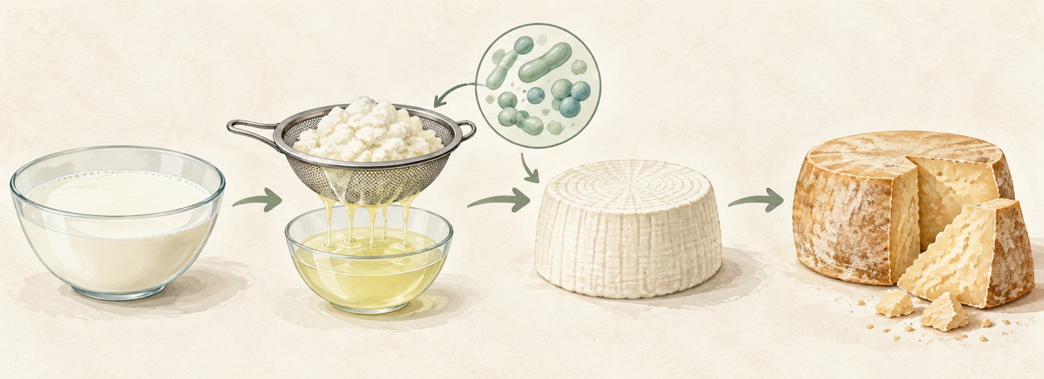 Illustrazione del processo di caseificazione con separazione del siero, fermentazione e maturazione