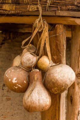 Zucca bottiglia appesa con dei nastri di cuoio come tracolla per il trasporto